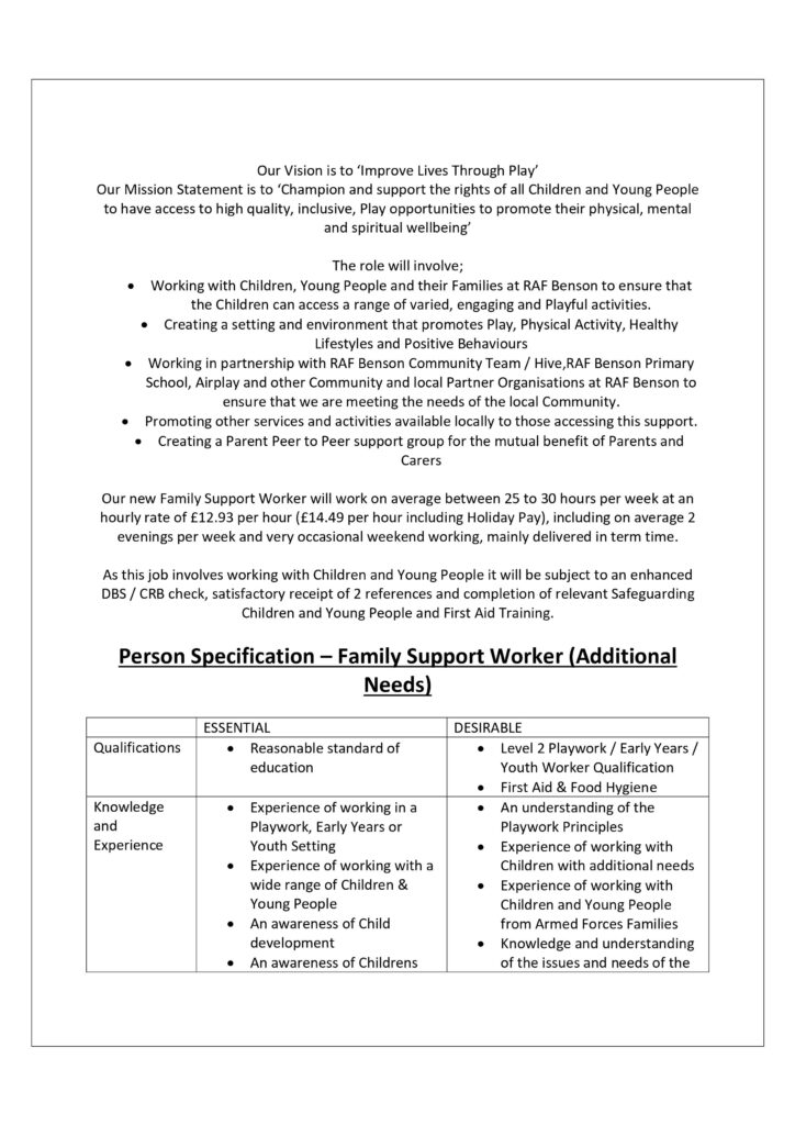 OPA RAF Benson Family Support Worker Oxon Play