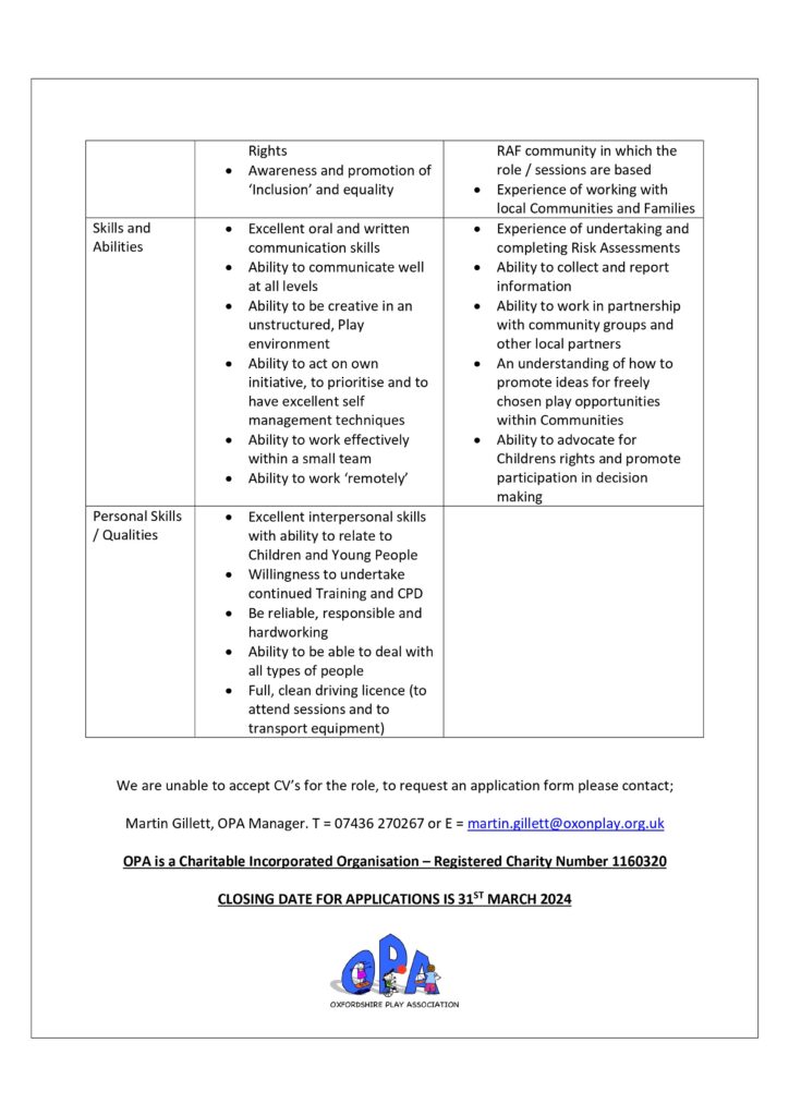 OPA RAF Benson Family Support Worker Oxon Play